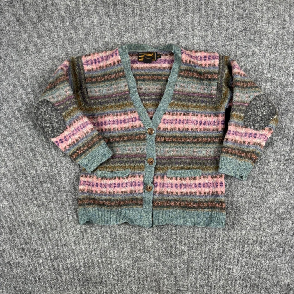 Eddie Bauer Cardigan Womens Size S Wool Fair Isle Multicolor Elbow Patch Sweater